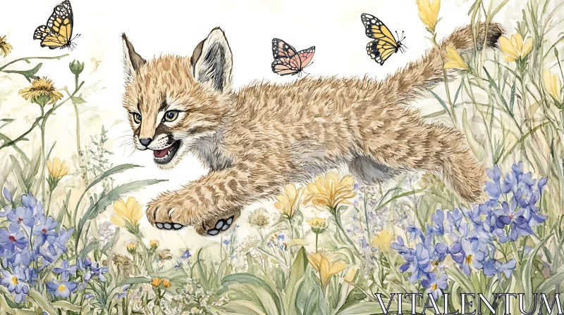 Leaping Bobcat Kitten with Butterflies AI Image