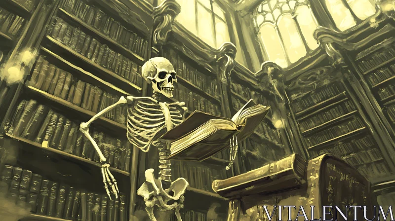 Literary Skeleton in a Grand Library AI Image