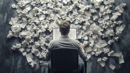 Struggling Writer Surrounded by Paper