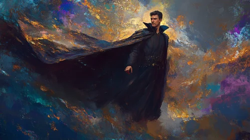 Man in Cape Amidst Abstract Sky