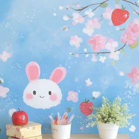 Whimsical Bunny with Flowers and Berries