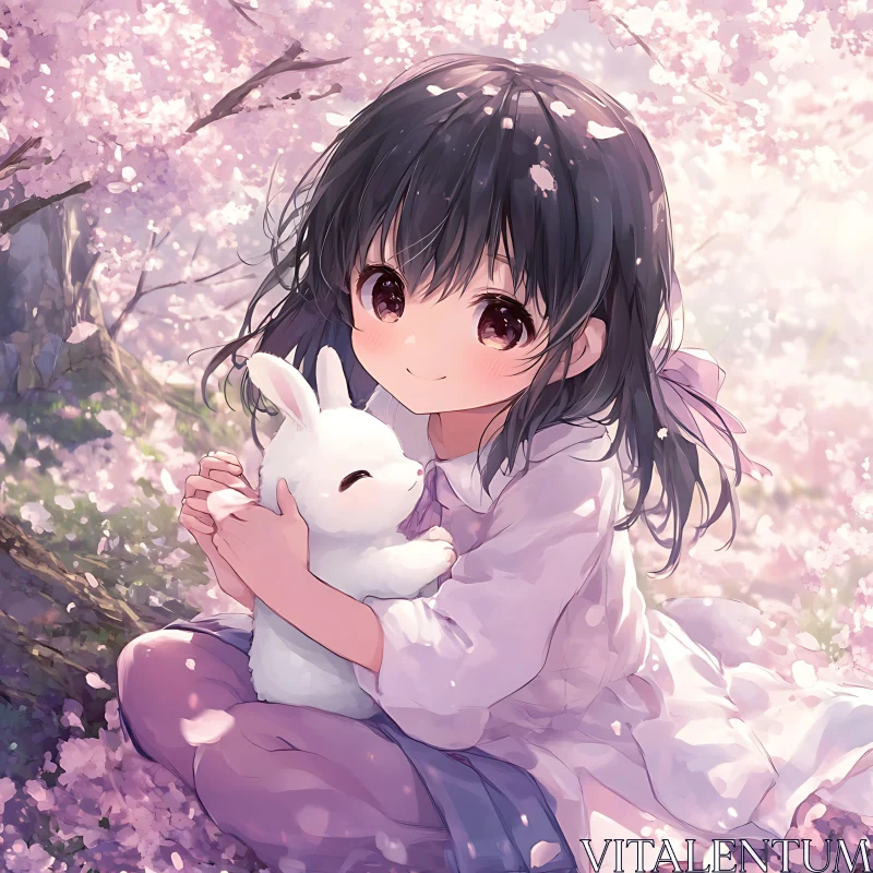 Cherry Blossom Scene with Girl and Bunny AI Image