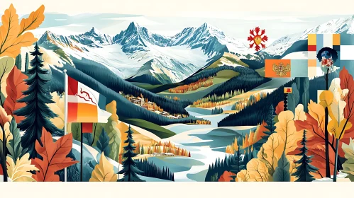 Autumnal Mountain Vista with National Emblems