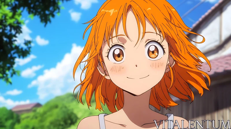 Happy Anime Girl with Bright Orange Hair AI Image