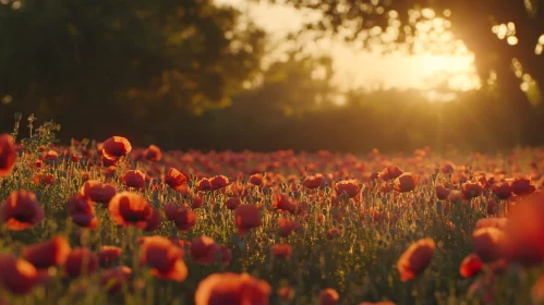 Sunset over a Field of Red Poppies