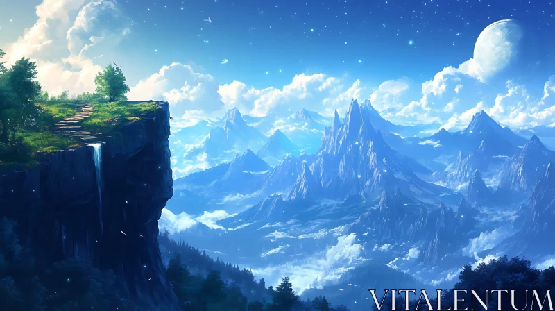 Serene Mountain Landscape with Waterfall AI Image