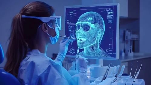 Dentist Examining 3D Head Model on Monitor