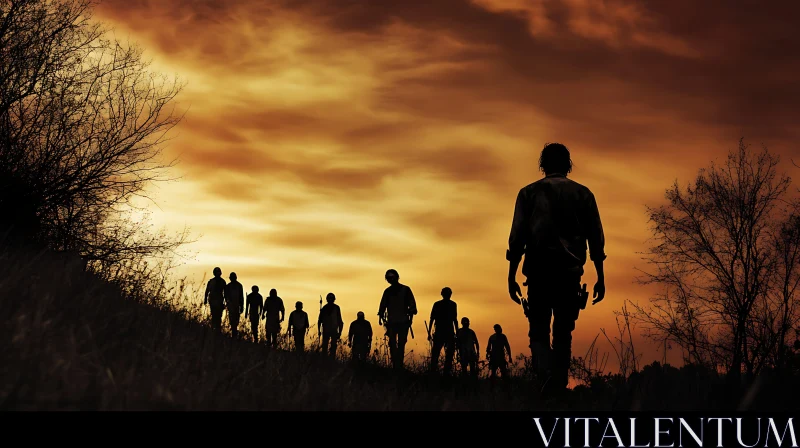 Figures Walking towards Setting Sun AI Image