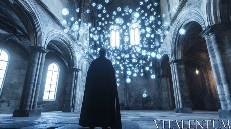 Figure in Grand Hall with Glowing Orbs AI Image