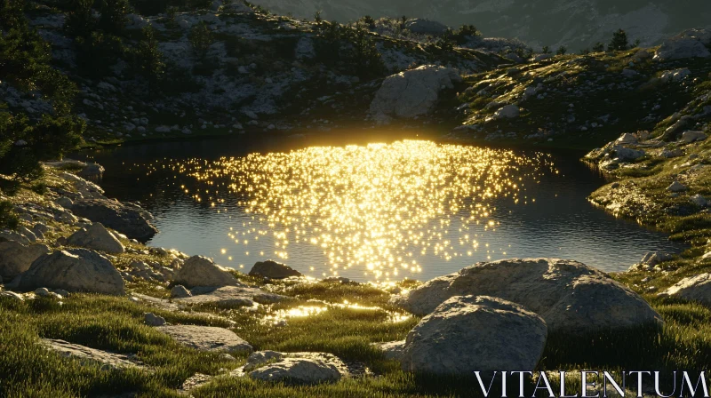 Golden Sunlight on a Tranquil Mountain Lake AI Image