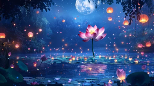 Moonlit Lotus Flower with Floating Lanterns