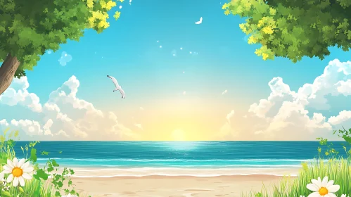 Tranquil Beach Scene with Seagull