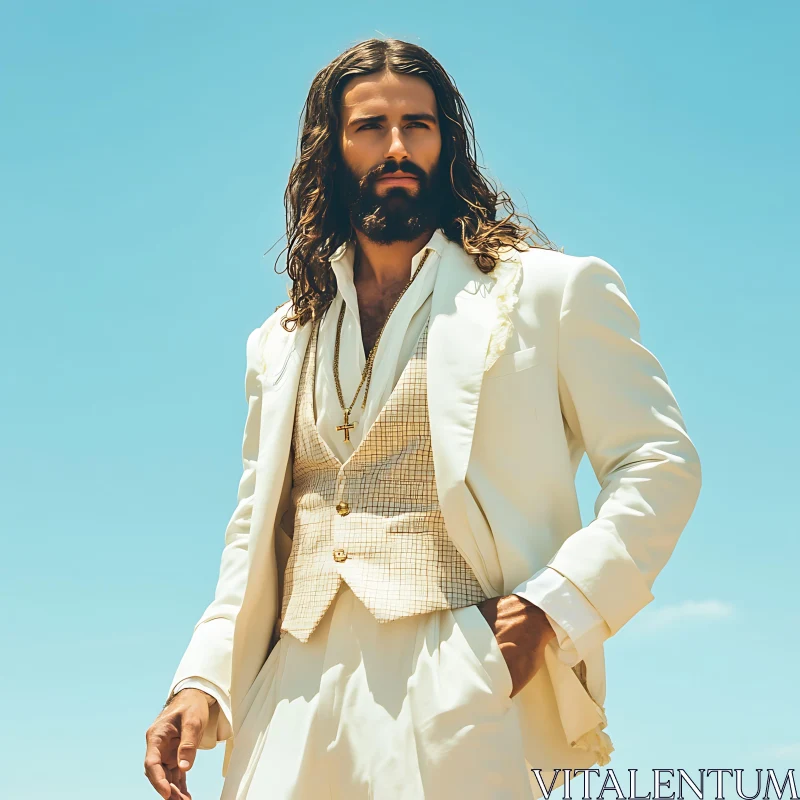 Portrait of Man with Beard in White Suit AI Image