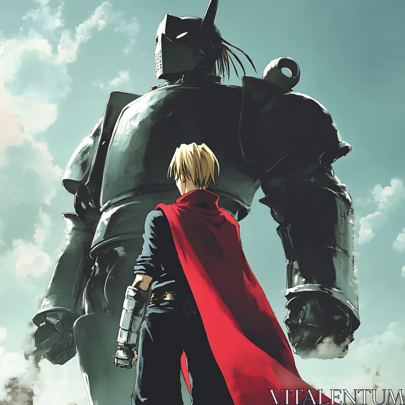 Anime Hero with Red Cape Facing Giant Robot AI Image