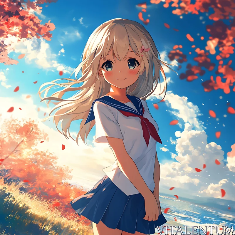 Anime Girl Enjoying a Sunny Day in School Uniform AI Image