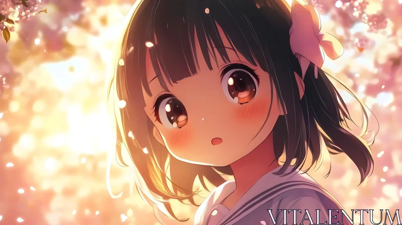 Sunlit Anime Girl in Cherry Blossom Forest AI Image