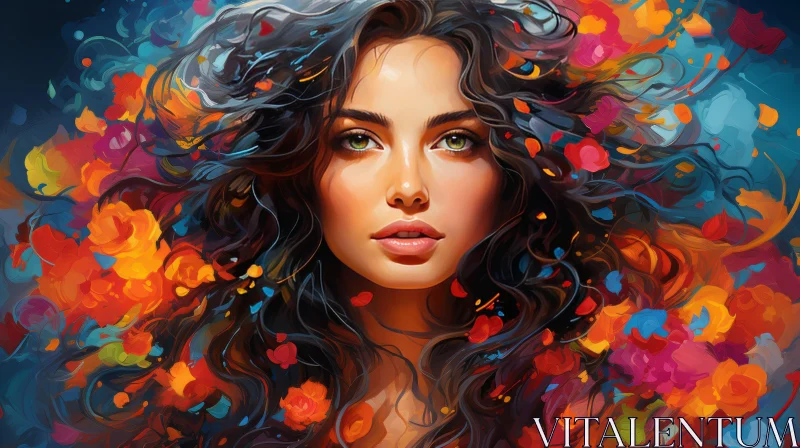AI ART Artistic Portrait of a Woman with Colored Hair and Flowers