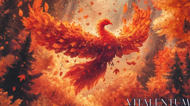 Fiery Bird in Fall Forest AI Image