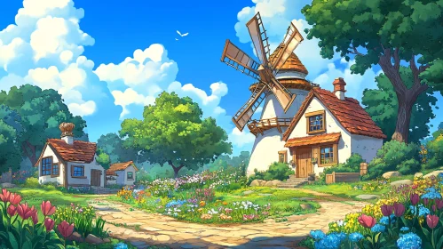 Serene Windmill and Flower-filled Garden Scene