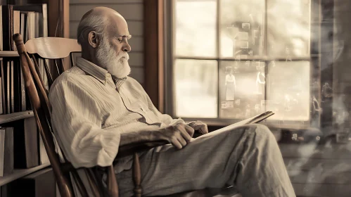 Elderly Man Lost in Book