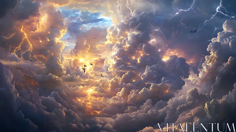 AI ART Dramatic Sky with Birds and Lightning
