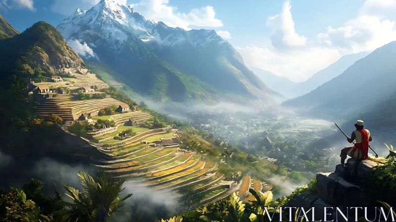 Scenic Valley Landscape with Man Overlooking AI Image