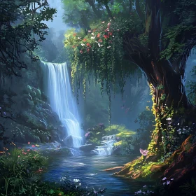 Peaceful Forest Scene with Waterfall and Flowers