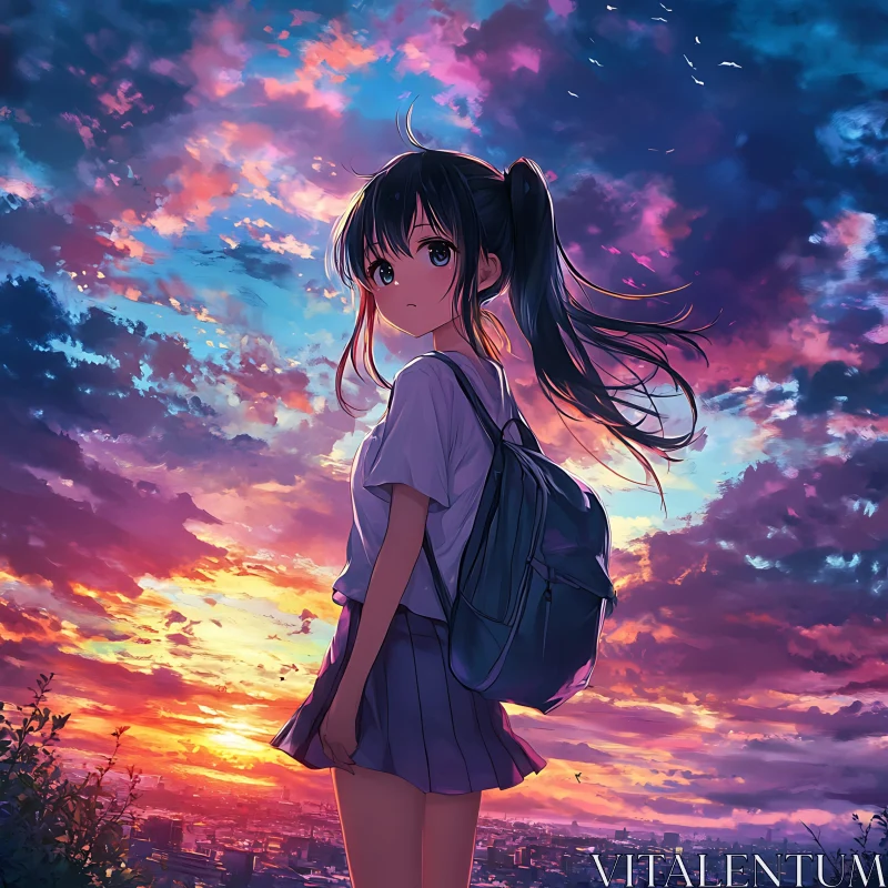 Anime Girl at Sunset AI Image