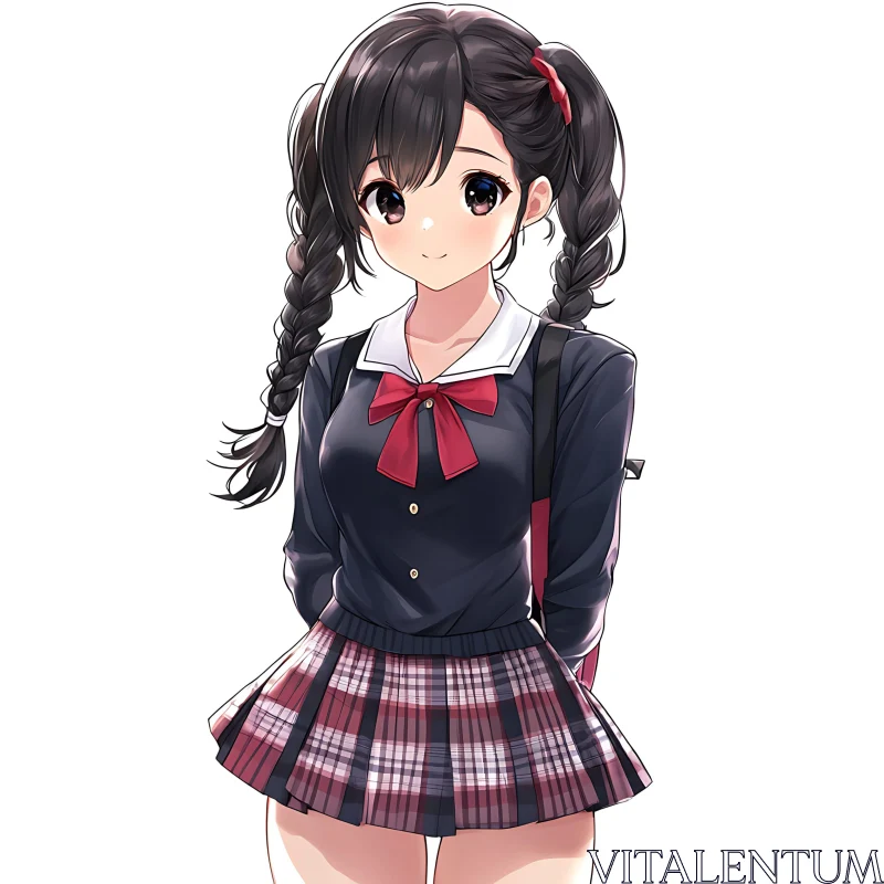 Schoolgirl Anime Character in Plaid Skirt AI Image