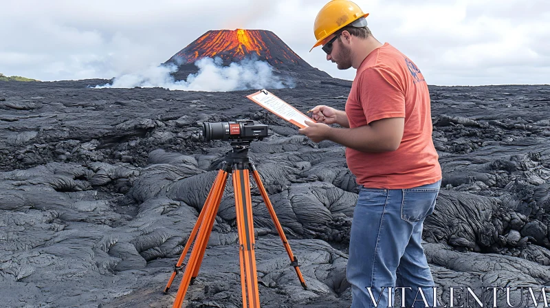 AI ART Geologist Observing Active Volcano