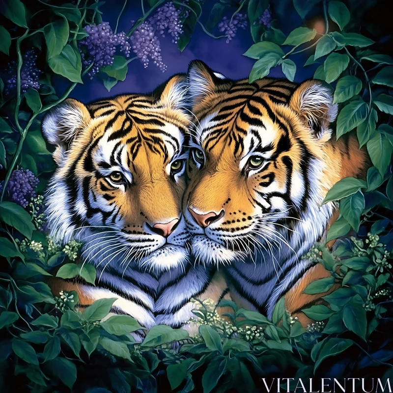 Tranquil Tigers Surrounded by Greenery AI Image