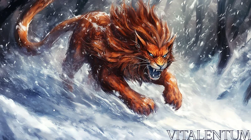 Orange Lion in Snowy Woods Illustration AI Image