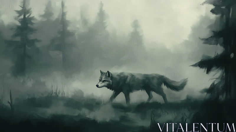 Lone Wolf in Foggy Woods AI Image