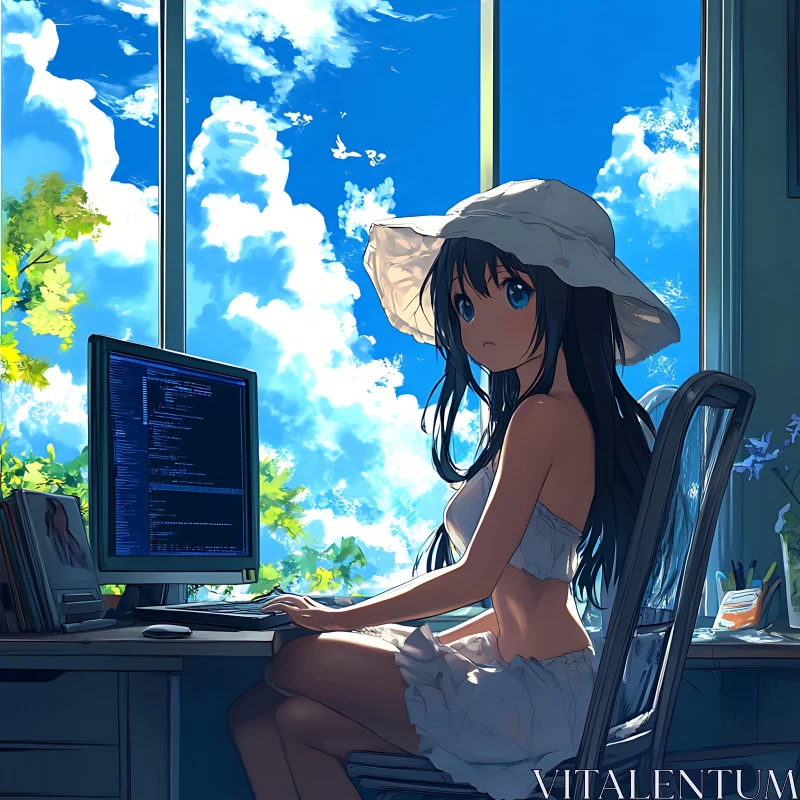 Anime Character in Home Office on a Sunny Day AI Image