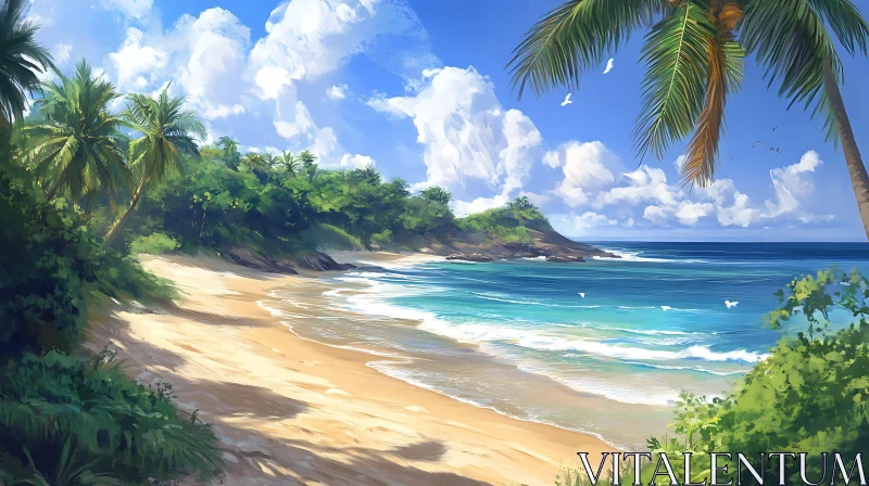 AI ART Seaside Tropical Beach with Palm Trees