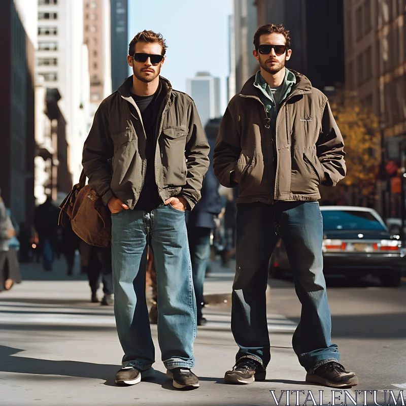 Men in Jackets on City Sidewalk AI Image