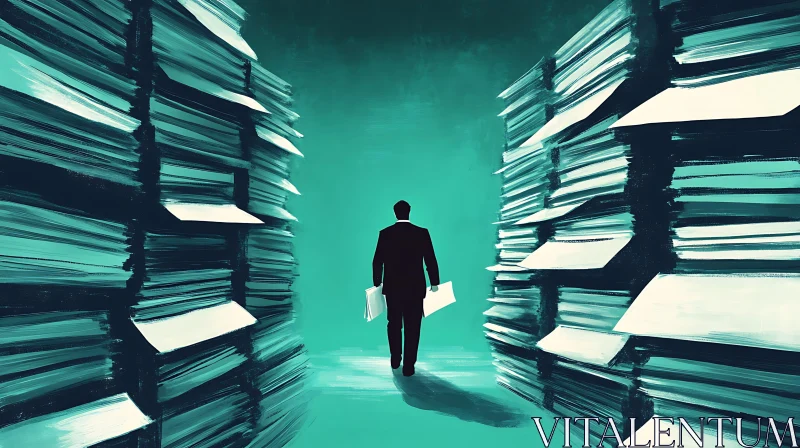 Man in Suit Surrounded by Paper Stacks AI Image