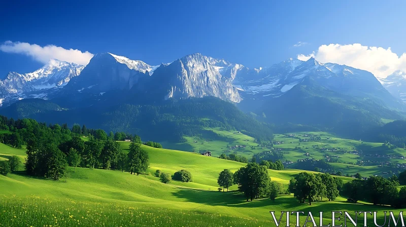 Picturesque Mountain Landscape with Green Fields AI Image