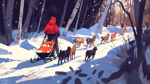 Winter Dog Sled Journey in Snowy Forest