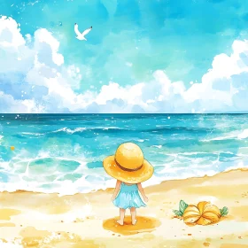 Watercolor Beach Day with Girl