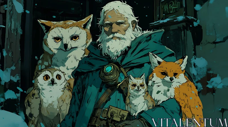 Man with Animal Companions Illustration AI Image