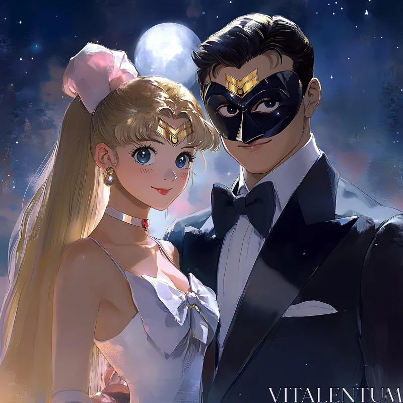 Anime Romance: Masked Couple Under Moon AI Image