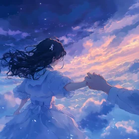 Anime Girl in White Dress Holding Hands in Cloudy Sky