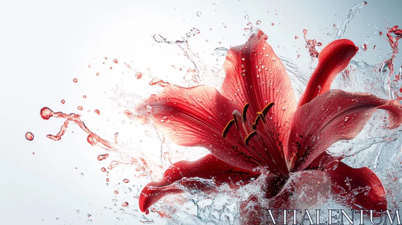 AI ART Detailed Red Lily with Splashes of Water