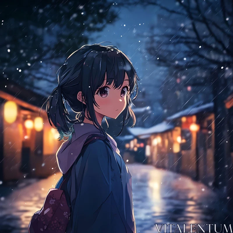 Anime Character in Rainy Night Street AI Image