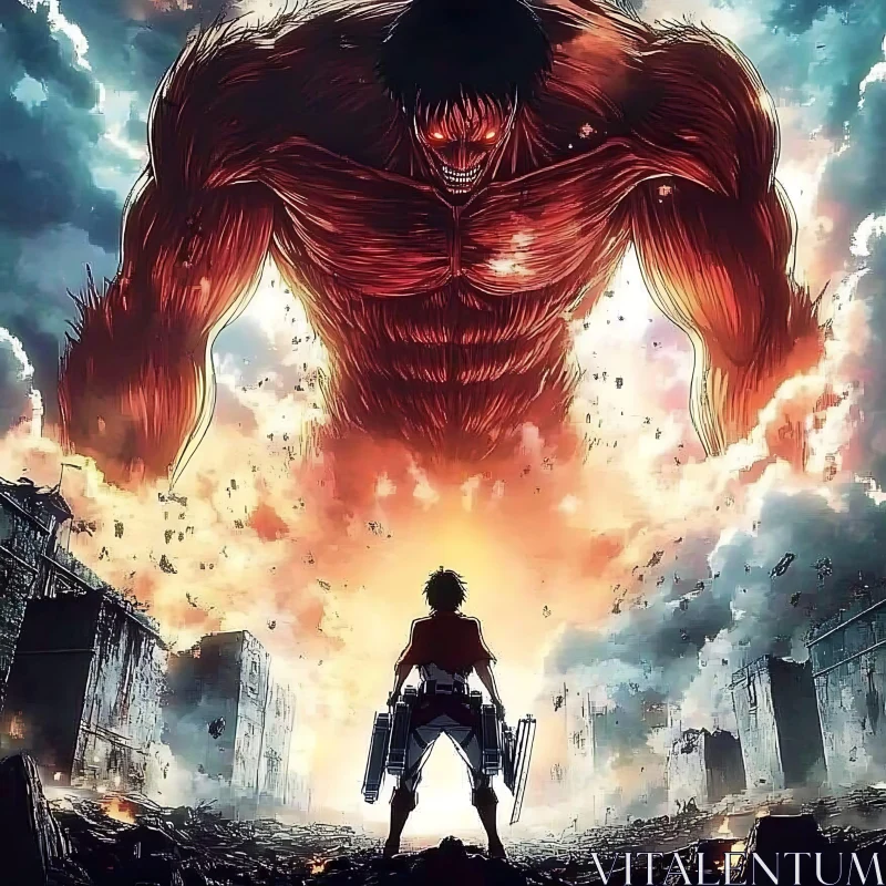 Anime Battle Scene with Towering Giant Amidst Destruction AI Image