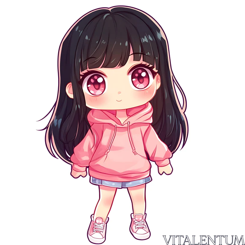 Cute Chibi Girl with Sparkling Pink Eyes AI Image