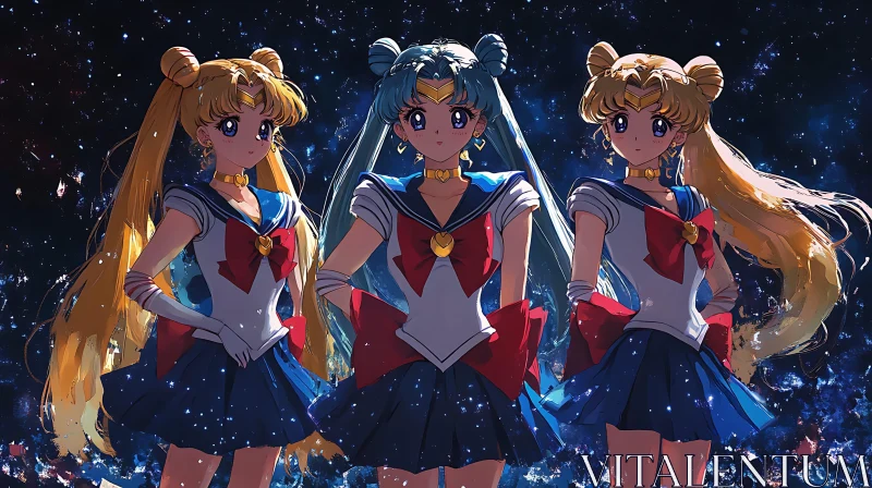 Galaxy-Themed Anime Trio AI Image