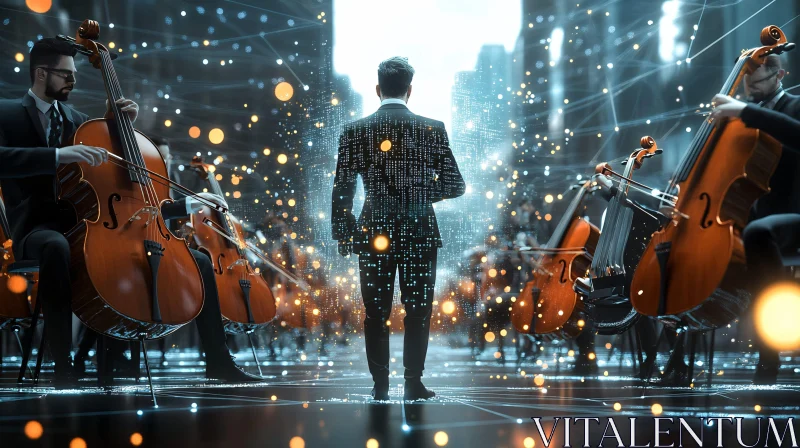 AI ART Digital Orchestra in a Glowing Cityscape