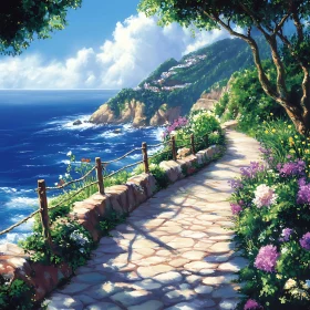 Picturesque Seaside Walkway with Flowers